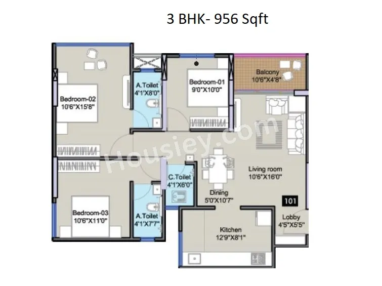 S D Prism City Yellow Unit plan - 951 sq.ft.